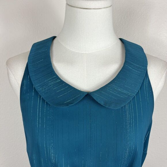 ModCloth Top Womens Small Teal Peter Pan Collar Metallic Belted Blouse Mod Retro - Picture 3 of 10